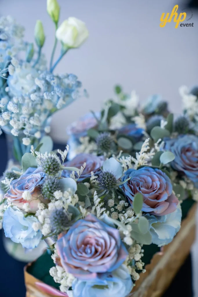 Grand Launching of JIN Omakase: A Culinary Extravaganza in Kota Kinabalu 11 Detail of blue and lavender tinted roses with thistle and baby's breath
