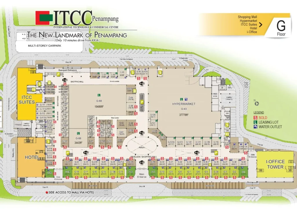 Discover the Top Event Roadshow Venues in Kota Kinabalu, Sabah 18 Detailed G Floor layout map of ITCC Penampang showing shop lots, hypermarket, and hotel locations