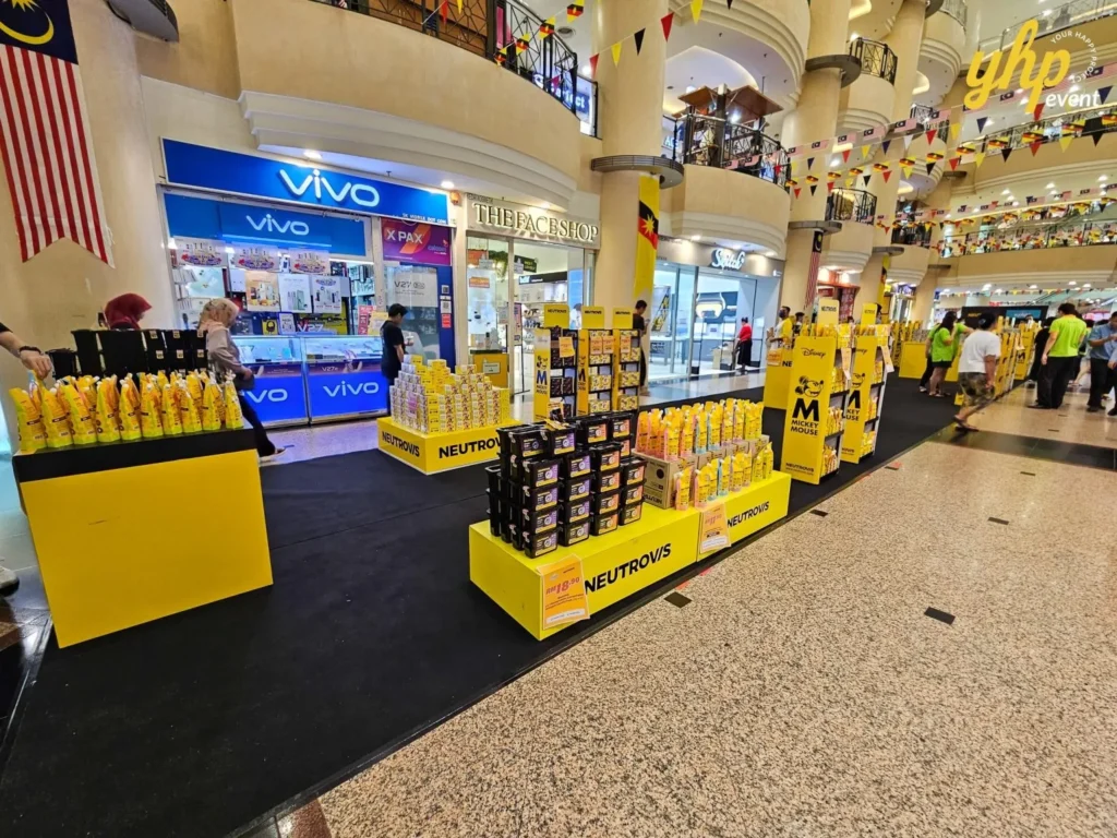 Unveiling Neutrovis: Beyond Masks, Into Complete Protection 4 Promotional booths for NEUTROVIS products featuring yellow displays and Mickey Mouse themed branding