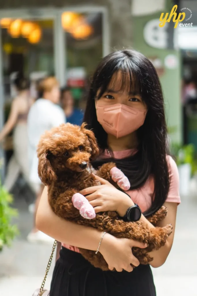 A girl in a pink mask holding a brown toy poodle wearing pink paw socks