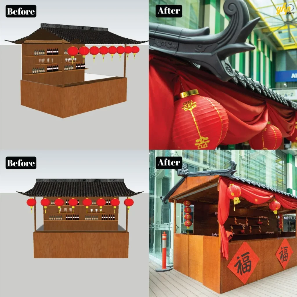 Riverson - Christmas & Lunar New Year Decoration 4 Chinese New Year wooden market stall with red lanterns and traditional roof at Riverson mall