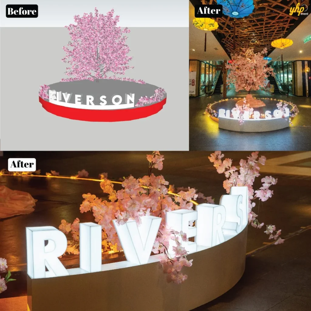Riverson - Christmas & Lunar New Year Decoration 5 Illuminated Riverson sign with cherry blossom tree and colorful hanging lanterns for event