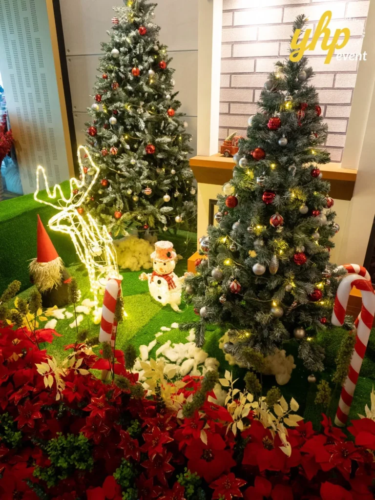 Riverson - Christmas & Lunar New Year Decoration 8 Holiday event details with lighted reindeer, snowman figure, and classic Christmas greenery