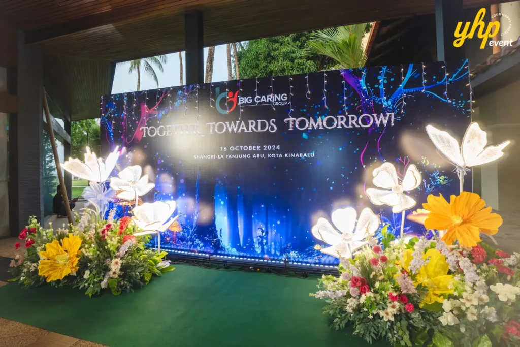 Decorative event backdrop with floral lights at Shangri-La Tanjung Aru for Big Caring Group dinner