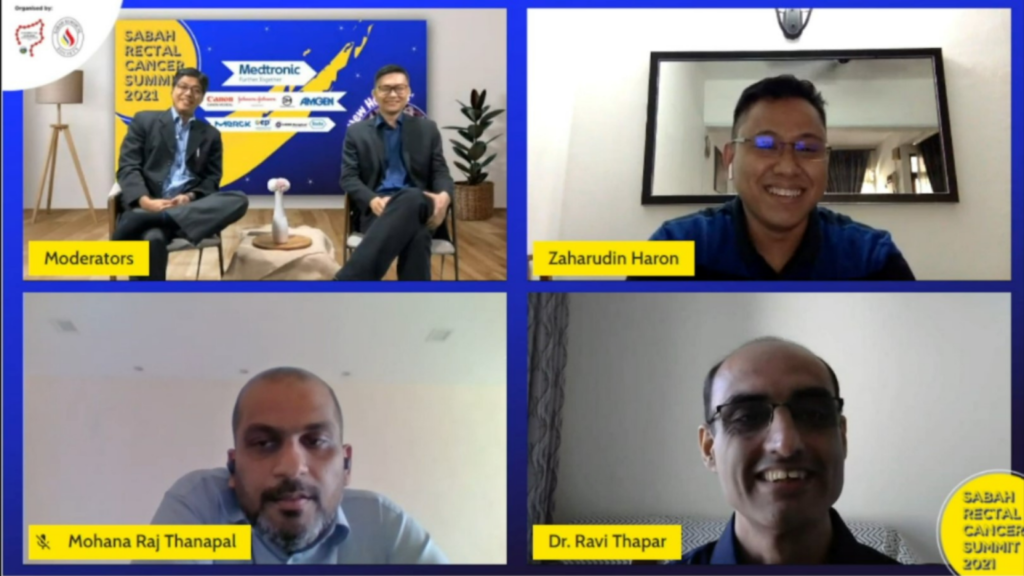 Medical experts Mohana Raj Thanapal and Dr Ravi Thapar participating in a virtual rectal cancer summit panel discussion