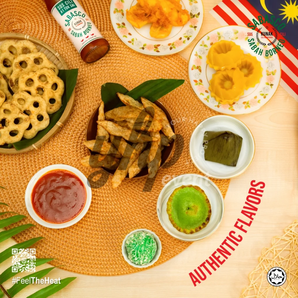 The Local Sabah Chili Sauce Brand That’s Heating Up 7 Top-down spread of Sabasco Sabah Borneo chili sauce with traditional Malaysian snacks, sambal, and festive desserts