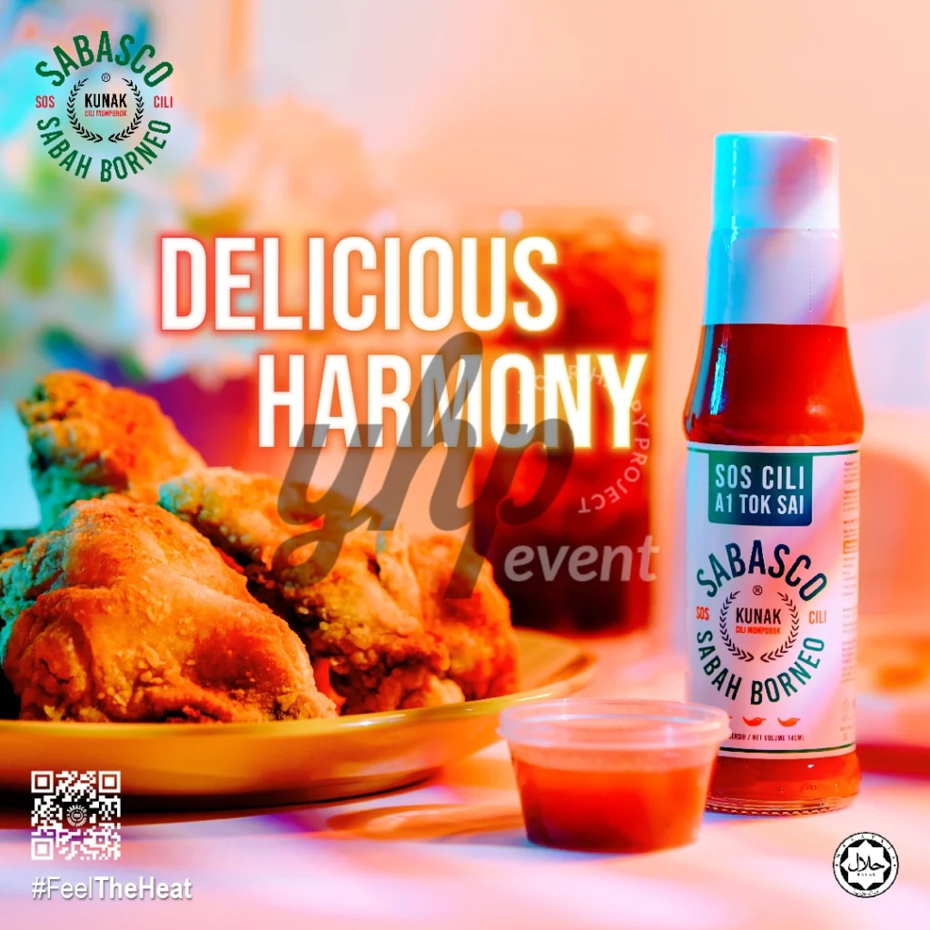 The Local Sabah Chili Sauce Brand That’s Heating Up 22 Fried chicken platter with a Sabasco Sabah Borneo chili sauce bottle and red dipping sauce in colorful studio lighting