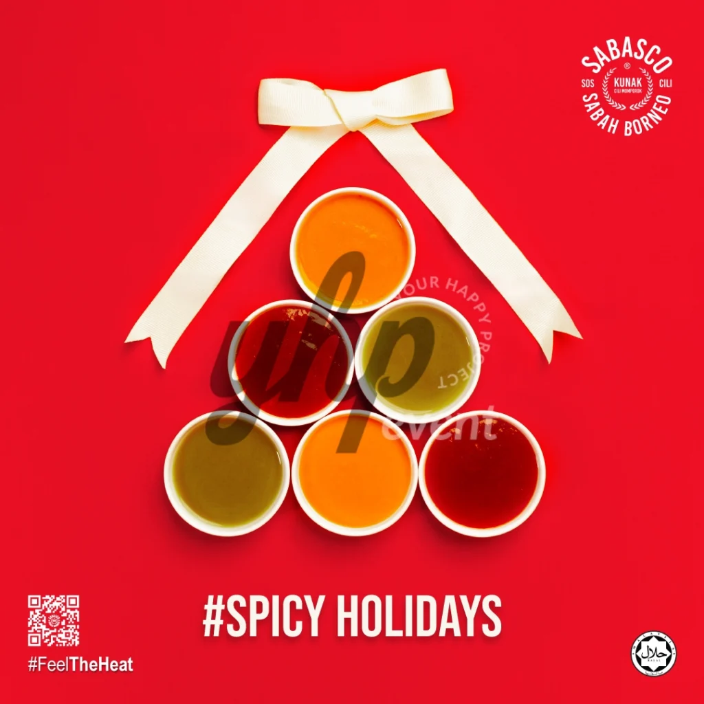 The Local Sabah Chili Sauce Brand That’s Heating Up 28 Small cups of colorful sauces arranged like a holiday tree with a ribbon on a bright red festive background