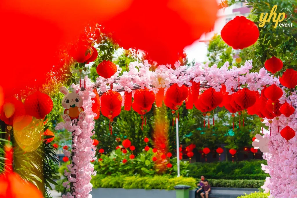 #TooHuattoHandle Lunar New Year Celebration 22 Festive entrance decorated with hanging red lanterns, cherry blossoms, and rabbit ornaments in Bukit Bantayan Residence.