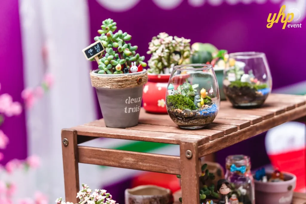 #TooHuattoHandle Lunar New Year Celebration 9 Local Sabahan Handmade succulent pots and glass terrariums displayed on a wooden shelf at a craft stall during a community fair
