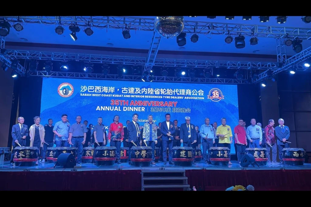 Tyre Association 35th Anniversary Celebration in Kota Kinabalu 1 Guests line the stage behind ceremonial drums during the 35th anniversary annual dinner opening segment