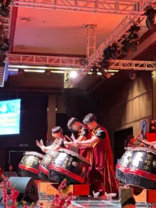 Tyre Association 35th Anniversary Celebration in Kota Kinabalu 8 KK High School Traditional Chinese drum troupe performs on a ballroom stage during an annual dinner cultural opening show